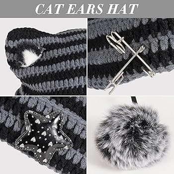 Cat Ear Beanie Y2K Hat, Women Girl Emo Crochet Striped